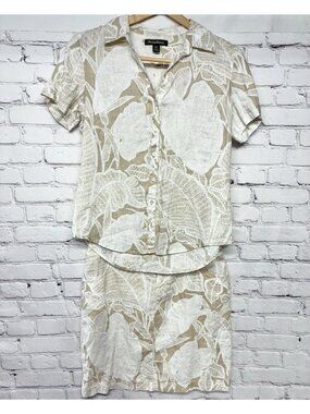 Tommy Bahama 100% Linen Beige White Floral Palm Leaf 2pc Skirt Set Sz SP 4